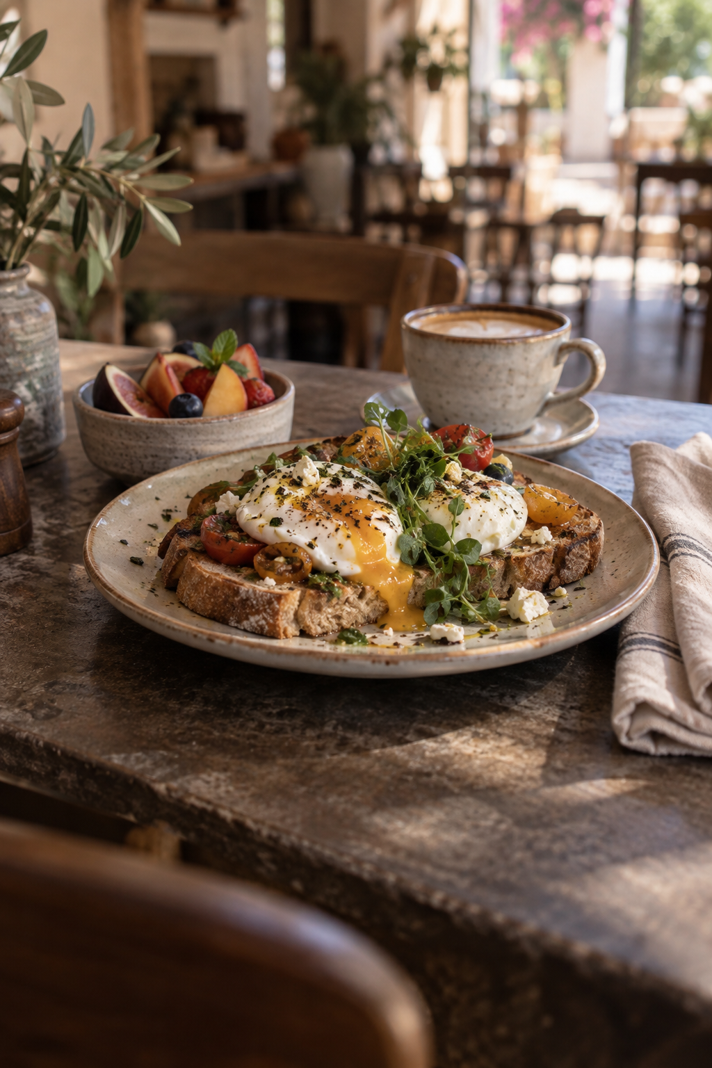 Mediterranean brunch with eggs, sourdough, fruit and coffee